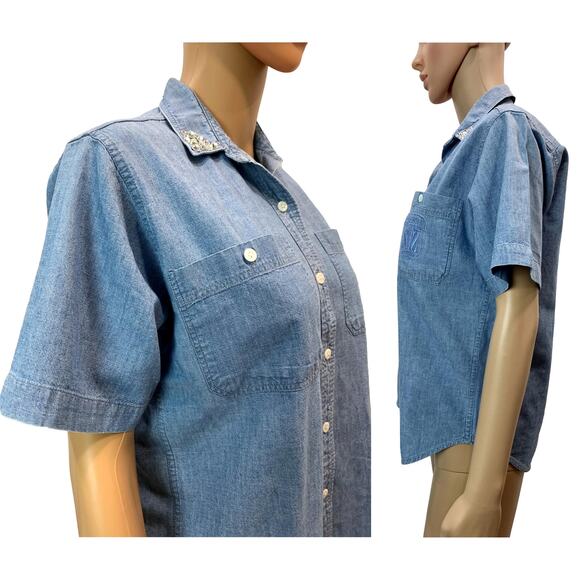 80s Sperry Top Sider Chambray Work Shirt w Rhinestone Collar Tips | XS - Picture 8 of 9
